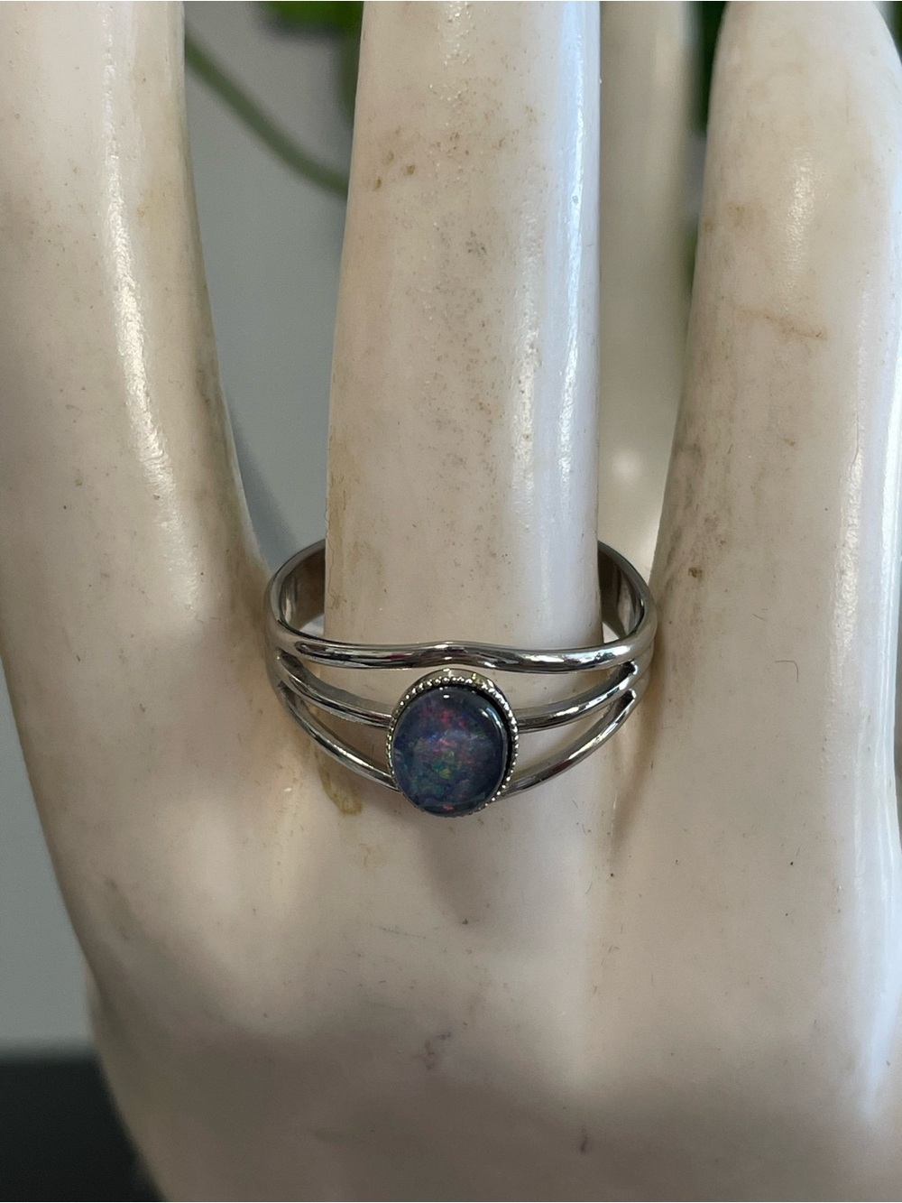 Silver Opal-Effect Oval Ring - Blue Multi